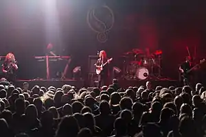 Opeth at Rock Hard Festival 2017, Germany  (L–R): Fredrik Åkesson, Joakim Svalberg, Mikael Åkerfeldt, Martin Axenrot, & Martín Méndez