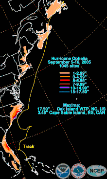 A map of the Eastern United States and Atlantic Canada depicting rainfall accumulations associated with Hurricane Ophelia. Areas of Florida and North Carolina are punctuated with deeper colors, indicating greater rainfall totals.