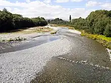 a gravel river is seen meandering through bush and trees on either bank