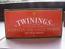 Twinings' Ceylon Orange Pekoe Tea with details of a Royal Warrant included on packaging