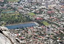 Part of Oranjezicht from the summit of Table Mountain. Molteno Dam and De Waal Park centre left.