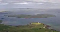 An aerial view of Graemsay, from above Hoy