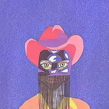 A colorful and crude drawing of Peck's face with a fringed mask and cowboy hat