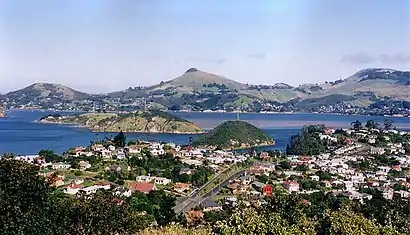 View across Port Chalmers and Otago Harbour to Otago Peninsula