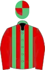 Emerald green and red stripes, red sleeves, quartered cap