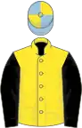 Yellow, black sleeves, yellow and light blue quartered cap