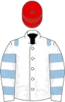 White, light blue epaulets, hooped sleeves, red cap