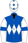 Royal blue, white triple diamond, white sleeves, royal blue armlets and stars on white cap