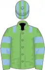 Light green, light blue epaulets, hooped sleeves, striped cap