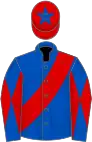 Royal blue, red sash, diabolo on sleeves, red cap, royal blue star