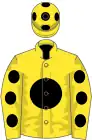 Yellow, black disc, yellow sleeves, black spots, yellow cap, black spots