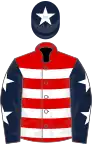 Red, white hoops, dark blue sleeves, white stars, dark blue cap, white star