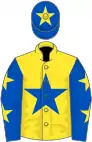 Yellow, royal blue star, royal blue sleeves, yellow stars, royal blue cap, yellow star