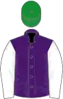 PURPLE, white sleeves, green cap