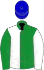 Green and white (halved), reversed sleeves, blue cap