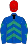 Royal blue, emerald green chevrons, royal blue sleeves, emerald green stars, red cap