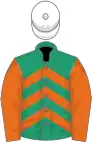 Emerald green and orange chevrons, orange sleeves, white cap