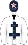 White, dark blue cross of lorraine, dark blue cap, pink star