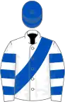 White, royal blue sash, hooped sleeves, royal blue cap