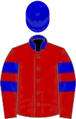 Red jacket with blue stripes on arms, blue collar and blue helmet