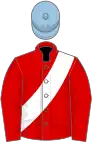 Red, white sash, light blue cap