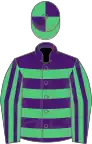 Purple, emerald green hoops, emerald green and purple striped sleeves, quartered cap