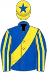 Royal blue, yellow sash, striped sleeves, yellow cap, royal blue star