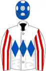 White, royal blue triple diamond, white and red striped sleeves, royal blue cap, white spots