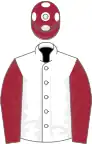 White, maroon sleeves and cap with white spots