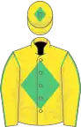 Yellow, emerald green diamond on body and cap, yellow sleeves, emerald green seams