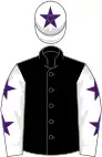 Black, white sleeves, purple stars, white cap, purple star