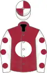 Maroon, white disc, white sleeves, maroon spots, white and maroon quartered cap