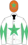 WHITE, emerald green star, diabolo on sleeves, orange cap, emerald green star