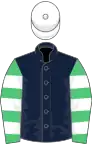 Dark Blue, Emerald Green and White hooped sleeves, White cap