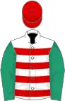 White, red hoops, emerald green sleeves, red cap