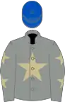 Grey, beige star, grey sleeves, beige stars, blue cap