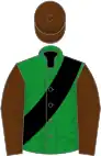 Green, black sash, brown sleeves and cap