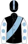 Black, light blue sash, white sleeves, light blue dots, black and light blue striped cap