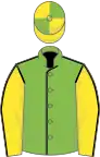 Light green, black seams, yellow sleeves, black seams, yellow and green quartered cap