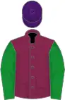 Maroon, green sleeves, purple cap