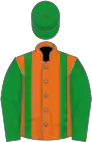 Orange, green braces, green sleeves, green cap