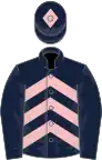 Dark blue and pink chevrons, dark blue sleeves, dark blue cap, pink diamond