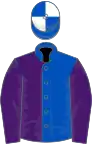 Royal blue and purple halved, purple sleeves, royal blue and white quartered cap