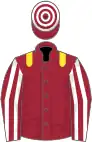 Maroon, yellow epaulettes, maroon and white striped sleeves, maroon and white hooped cap