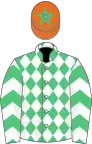 Emerald green and white diamonds, white sleeves, emerald green chevrons, orange cap, emerald green star