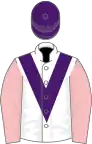 White, purple chevron, pink sleeves, purple cap