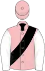 Pink, black sash, white sleeves, pink cap