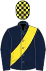 Dark blue, yellow sash, checked cap