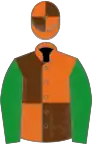 Orange and brown (quartered), green sleeves, orange and brown quartered cap