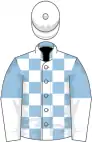 Light blue and white checked, halved sleeves, white cap